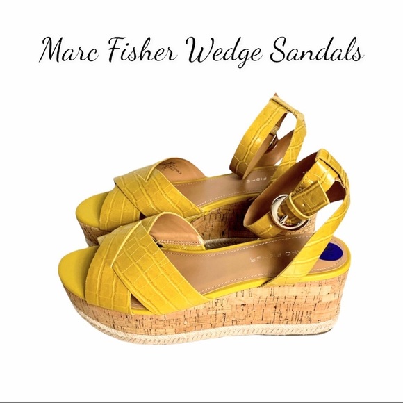 NWT Marc Fisher Carlin Croc Marigold Yellow Wedge Espadrille Sandals - Picture 1 of 16